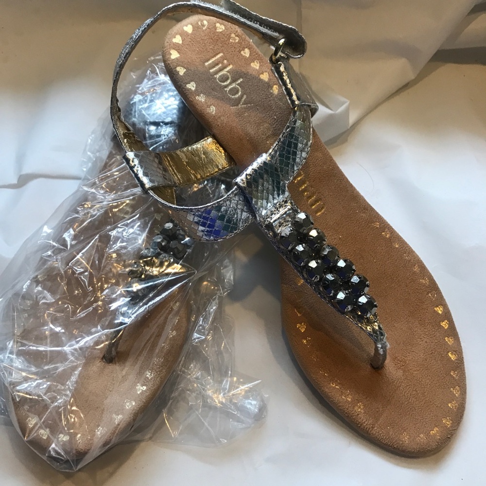 Libby Edelman Silver Boa Jeweled T-Strap Sandals Velcro Closure NIB 8.5 low heel